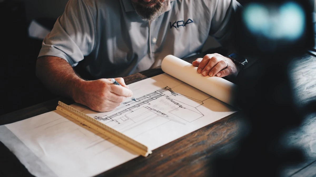 Plans et croquis d'architecture sur table de travail